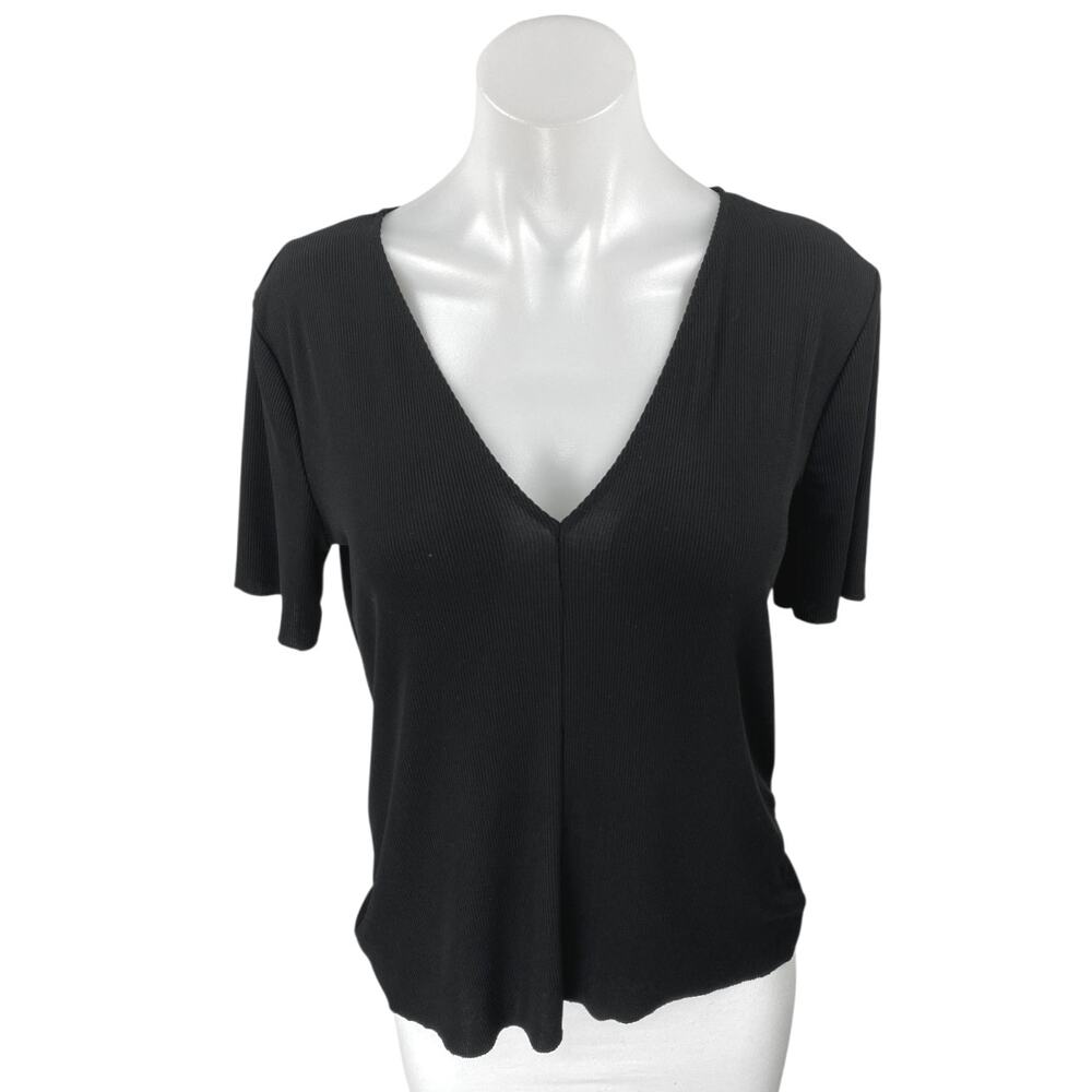 Zara Women's Black Short Sleeve Deep V Neck Ribbed Knit T Shirt Tee Top Size M